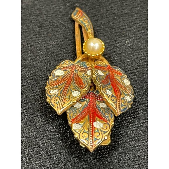 Vintage Spain Damascene Enamel Pearl Hair Clip Rare main image 5